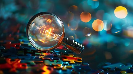Poster - Magnifier glass focus to idea creative light bulb with jigsaw planning development leadership and customer target group concept : Generative AI