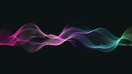an illustration there are three single thin waves, in pink, green and, blue, over a pure black background, dynamic movement, high definition 