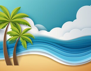 Wall Mural - Creative illustration summer background concept paper cut style with landscape of sea wave and beach with palm tree. Summer season design for brochure, web banner, flyer, poster, sale advertising