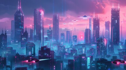 Wall Mural - Futuristic city skyline sleek skyscrapers flying cars