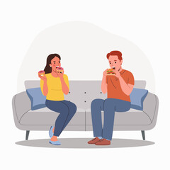 Wall Mural - Young woman and man eats fast food on the sofa. Flat style cartoon vector illustration.