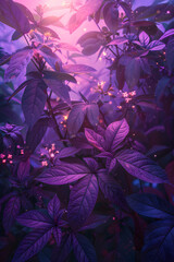 Wall Mural - A painting of violet flowers and purple leaves in a forest