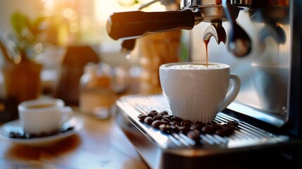 Poster - Coffee machine filling a cup with Making coffee by coffee machine into cup espresso coffee coming out from an automated coffemaker machine Beverage drink for breakfast : Generative AI