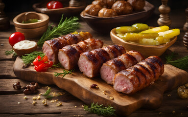 Romanian mititei, grilled meat rolls, mustard, pickles, wood table, festive backdrop
