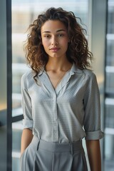 Poster - A full body image of a wonderful 28 years old American woman looking at camera, wearing v-neck blouse with a subtle pattern paired with slim-fit trousers, being kind, in Googleplex, woman in Marketing