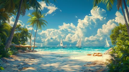Wall Mural - Blue sky and white clouds, sunny beach below, sailboats on the sea, parasols and swimming rings on the beach, movie-level real scene, and some palm trees on the shore 