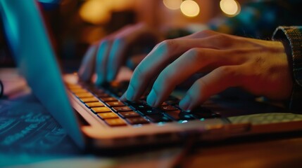 Poster - Close up of freelancers developer hands typing program code on laptop keyboard in coworking Businessman at work in working in office Copywriter writing text on computer keyboard in cof : Generative AI