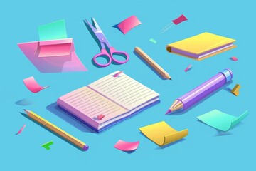 Wall Mural - Colorful stationery items including notebook, post-it notes, and scissors on a bright blue background