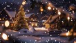 © Jani's Stocks - Picturesque snowy village scene at night, illuminated by warm, glowing lights. Charming cottages with snow-covered roofs, decorated with twinkling Christmas lights. A large, decorated Christmas tree