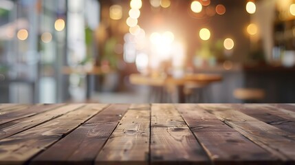 Poster - Empty wooden table space platform and blurred cafe or restaurant background for product display montage : Generative AI