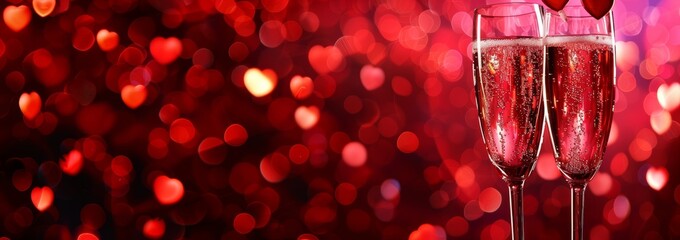 Poster - RED Shiny Background - Defocused Lights In A Valentine's Celebration With Champagne