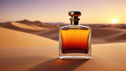 Poster - A captivating perfume bottle against the backdrop of a golden desert sunset, symbolizing the timeless elegance and sophistication of the fragrance, Generative AI