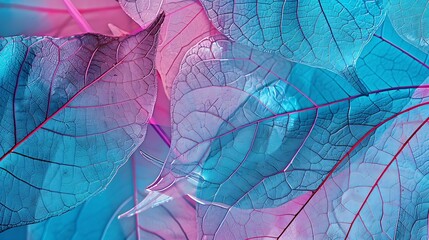 Poster - Macro leaves background texture blue turquoise pink color Transparent skeleton leaves Bright expressive colorful beautiful artistic image of nature : Generative AI