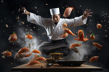 Samurai chef chops, meditates with salmon sushi rolls on kitchen. Japanes food on dark background. AI