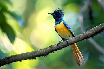 Paradise or Long-tailed Flycatcher on tree branch in forested area