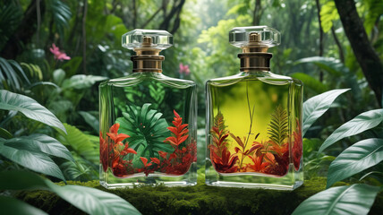 Wall Mural - An exquisite perfume bottle nestled amidst the vibrant foliage of a jungle, blending seamlessly with the natural surroundings, Generative AI