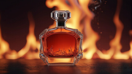 Wall Mural - A striking perfume bottle against a backdrop of flickering flames, symbolizing the passion and intensity of its fiery-inspired fragrance, Generative AI