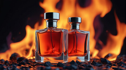 Poster - A chic perfume bottle amidst the vibrant flames of a fire, embodying the energy and vibrancy of its fiery-inspired fragrance, Generative AI