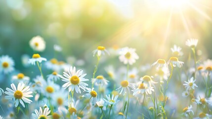 Wall Mural - A beautiful sundrenched spring summer meadow Natural colorful panoramic landscape with many wild flowers of daisies against blue sky A frame with soft selective focus : Generative AI