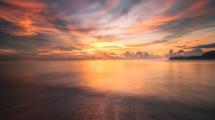 Landscape Long exposure of majestic clouds in the sky sunset or sunrise over sea with reflection in the tropical seaBeautiful cloudscape sceneryAmazing light of nature Landscape nature : Generative AI