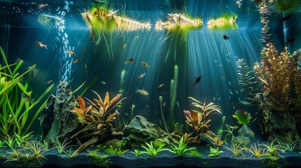 Wall Mural - Aquascaped freshwater aquarium with neon fish live plants Frodo stones and Redmoor roots Jungle style aquascape Microsorum Trident various rotalas anubias moss : Generative AI