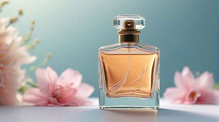 Wall Mural - A captivating perfume bottle against a backdrop of gentle breezes, symbolizing the lightness and freedom of its wind-kissed fragrance, Generative AI