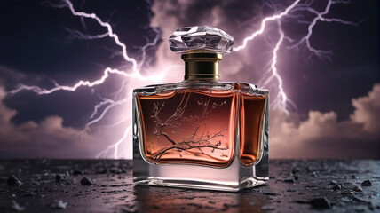 Wall Mural - A captivating perfume bottle set against the backdrop of rolling thunder and lightning flashes, capturing the electrifying and mesmerizing essence of its stormy scent, Generative AI