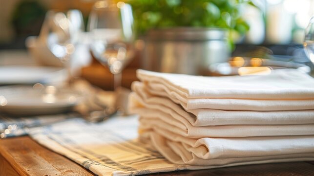 A stack of cloth napkins sitting on the dining table replacing disposable paper ones.