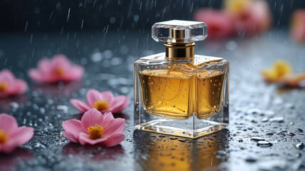 Wall Mural - An elegant perfume bottle amidst the soft patter of rain, evoking a sense of tranquility and renewal with its fresh and clean scent, Generative AI