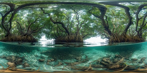 Sticker - An immersive 360-degree equirectangular panorama of a serene mangrove forest, with tangled roots and tangled branches stretching out