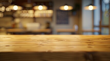 Poster - Wooden board empty table background abstract blurred cafe background : Generative AI