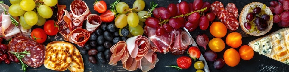 Colorful Mediterranean Charcuterie Spread with Olives, Meats, Fruits, and Cheese on Wooden Table