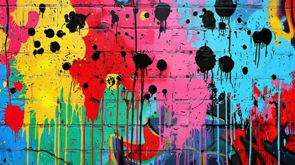 Wall Mural - Colorful Paint Splashes on Brick Wall
