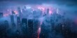 © tanapat - Urban skyline at night, foggy ambiance, high definition, mysterious and serene, glowing lights, towering skyscrapers, atmospheric and dramatic