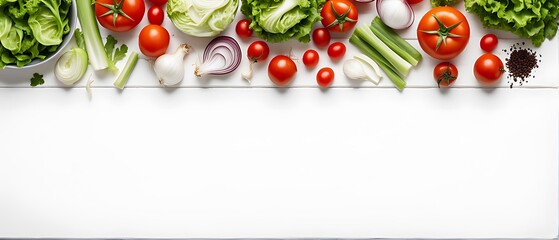 Fresh Vegetables Assorted on a White Background - Healthy Eating Concept with Tomatoes, Green Salad, Onions, and Organic Ingredients for a Vegetarian Diet


