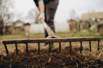 Young woman farmer works with a rake in a field in spring. Preparing the soil before planting. Close-up of a rake in the hands of a woman.