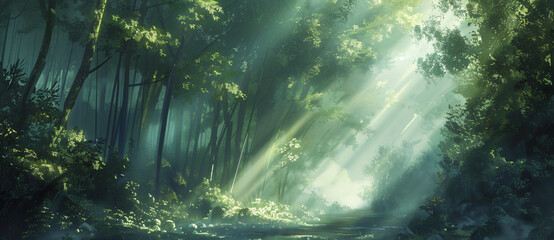 Wall Mural - Sun rays through the trees in a misty forest with a road, creating a beautiful natural background.