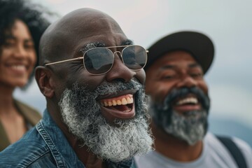 Wall Mural - Portrait of happy African American man with white beard and sunglasses looking at camera with his friends in background