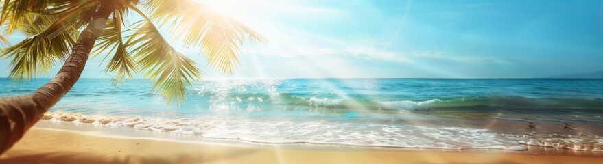 Wall Mural - Banner of a tropical beach with bright sunshine and palm leaves
