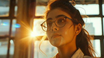 Wall Mural - Young Arab woman wearing glasses in the rays of sunset in a bright office. Beautiful woman enjoying the sun indoors.