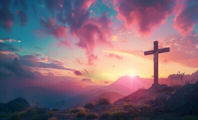 A cross on a hill depicting Jesus Christ being crucified at sunset. Abstract flare effect and defocused lights enhance this scene.