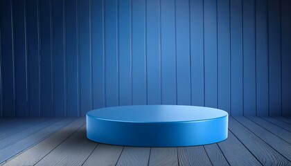 Wall Mural - Blank blue podium for product presentation. Color round pedestal placed on studio floor.