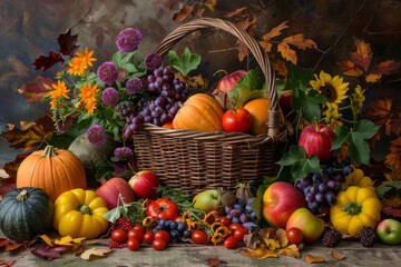 Canvas Print - A wicker basket overflowing with fresh fruits and vegetables, showcasing the abundance of an autumn harvest
