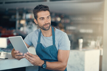 Poster - Barista, apron and man with tablet, thinking and internet with digital app, checklist and restaurant. Online order, service and entrepreneur with tech, schedule and waiter in cafe and business owner