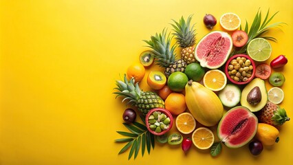 Exotic fresh fruits on yellow background for making delicious salad food concept, peaches, lemons, oranges, cumquat