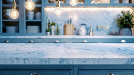 Empty marble kitchen island with clean surface in blue vintage kinchen in provence style Dining table against blurred stylish furniture with drawers and kitchenware Pendant lights hang : Generative AI