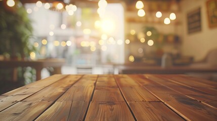 Poster - Empty wooden table space platform and blurred cafe or restaurant background for product display montage : Generative AI