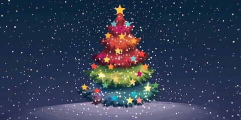 Wall Mural -  A Colorful Christmas Tree Adorned with Stars, Celebrating the Festive Season with Joy and Cheer. This vibrant Christmas tree, decorated with twinkling stars, captures the magic and joy of the holiday