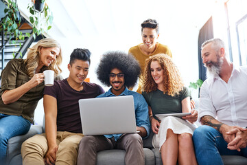 Poster - Business people, smile and meeting with tech in office for ux research, planning and collaboration. Company, creative team and diversity with multimedia for software development, project and review