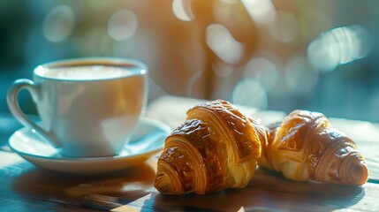 Poster - Breakfast view a bunch of croissant and a cup of coffee with cafe vibe background : Generative AI